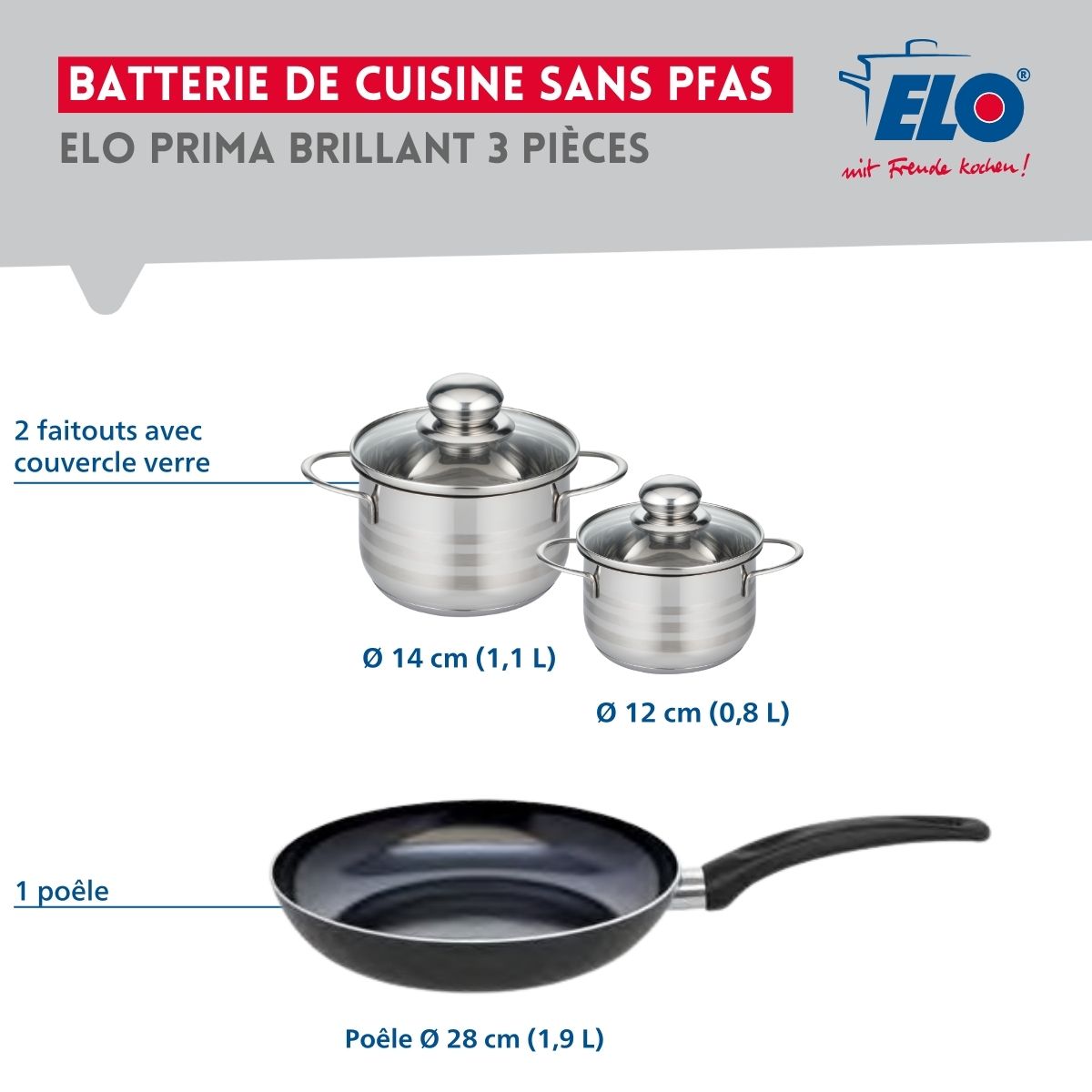 Ensemble de 1 Poêle de cuisson 28 cm et 2 faitouts 12 et 14 cm  Prima Brillant Elo - Mathon - 2
