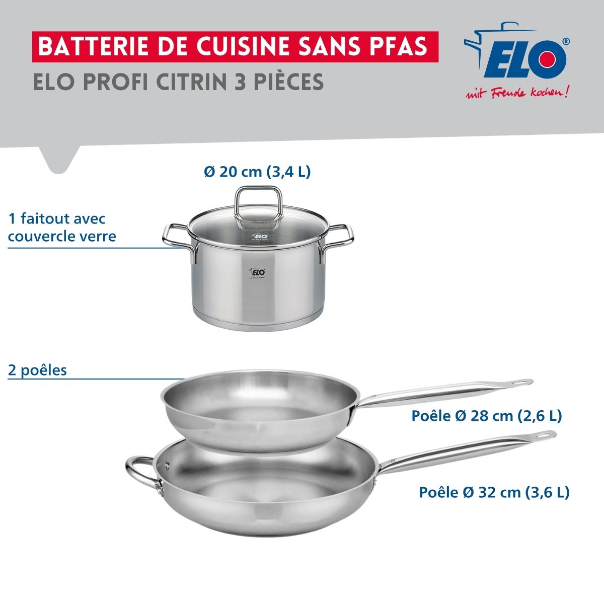 Ensemble de 2 Poêles de cuisson 28 et 32 cm et 1 faitout 20 cm  Profi Citrin Elo - Mathon - 2