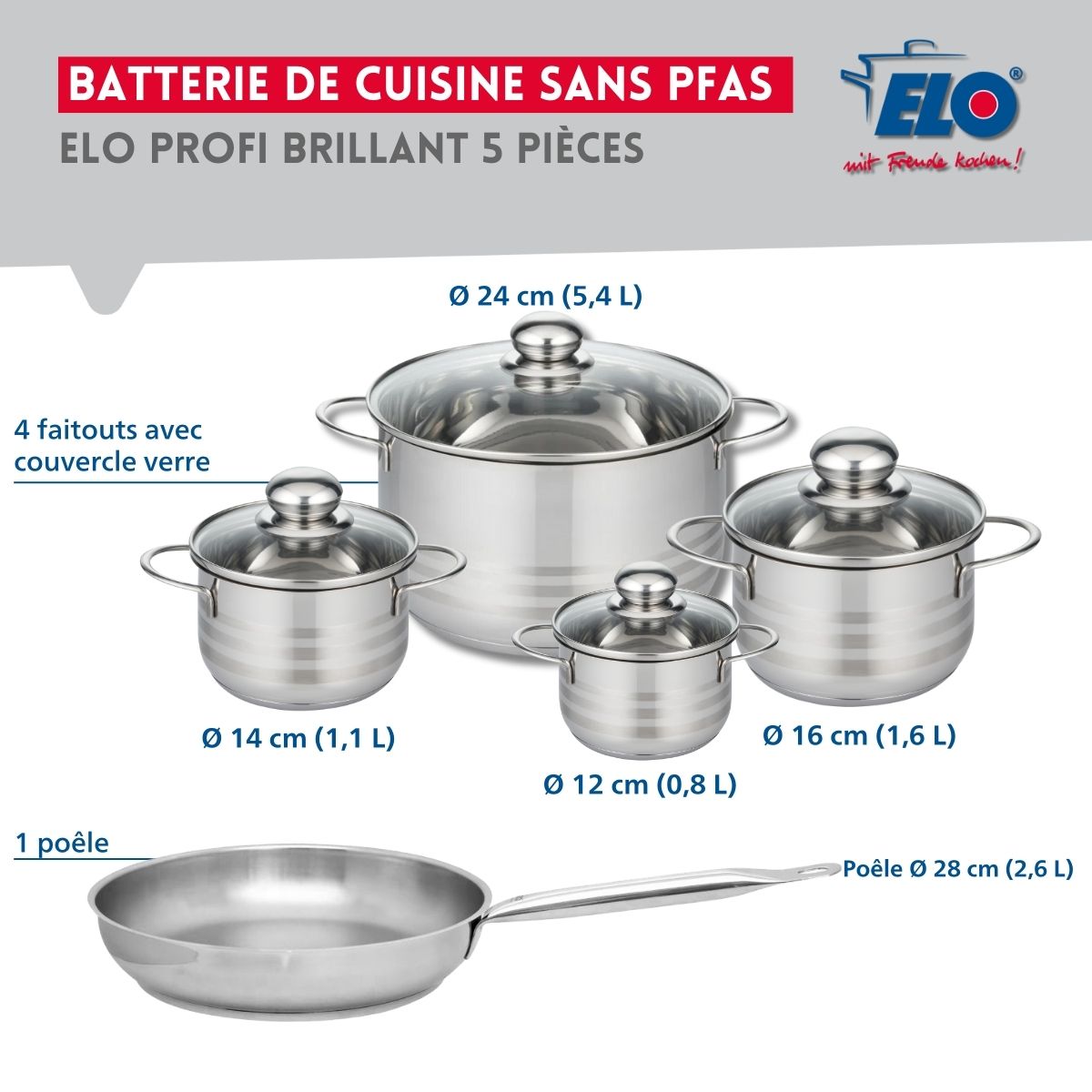 Ensemble de 1 Poêle de cuisson 28 cm et 4 faitouts 12, 14, 16 et 24 cm  Profi Brillant Elo - Mathon - 2
