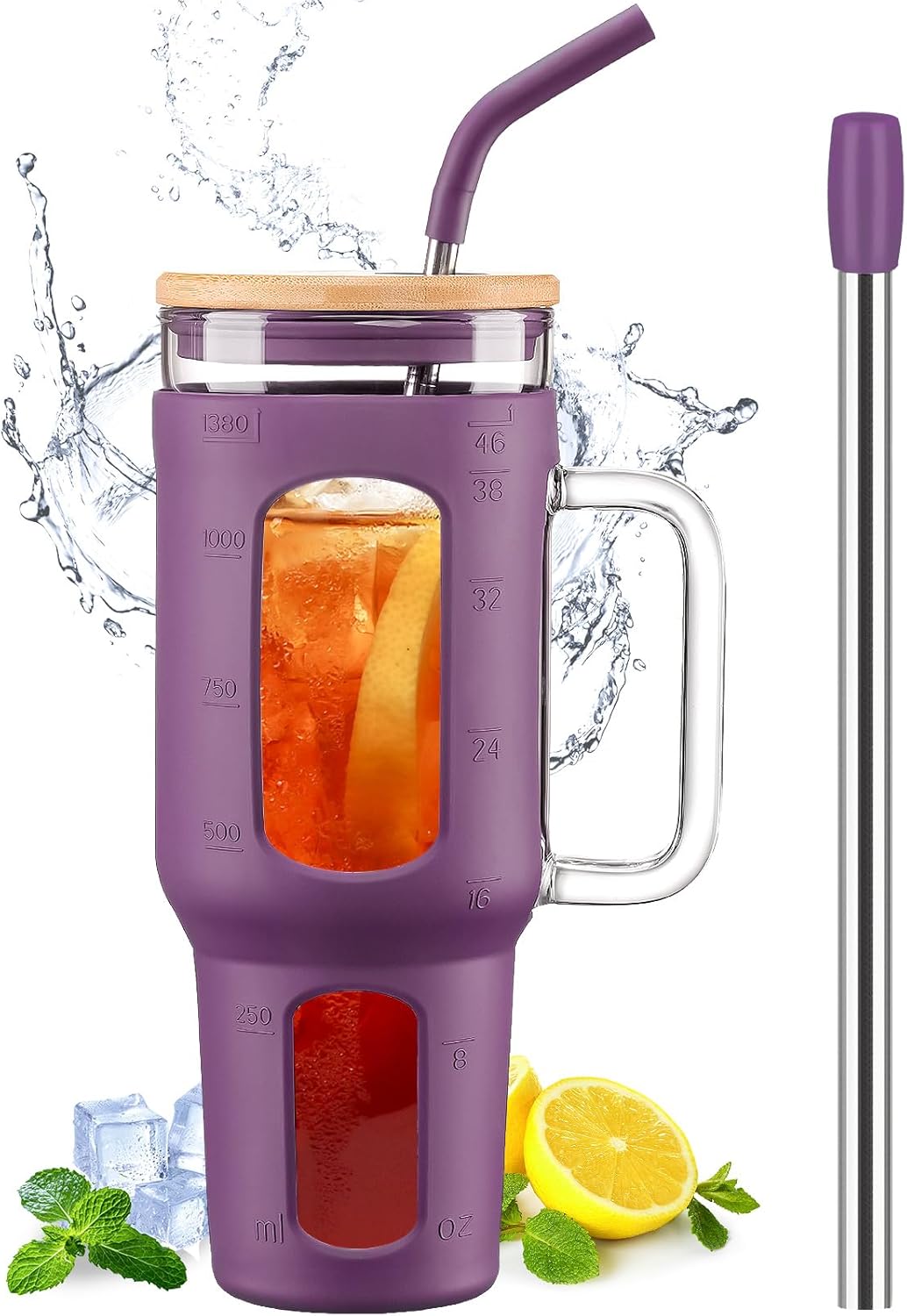 Gobelet 1,4 L avec Poignée, Couvercle Bambou & Pailles violet Vendos85 - Mathon