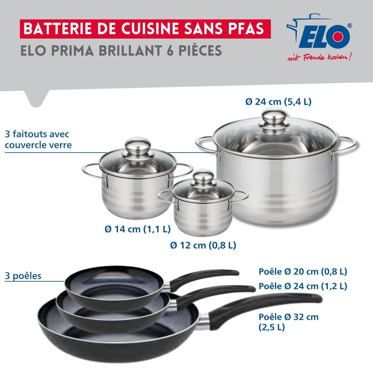 Ensemble de 3 Poêles de cuisson 20, 24 et 32 cm et 3 faitouts 12, 14 et 24 cm  Prima Brillant Elo - Mathon - 2