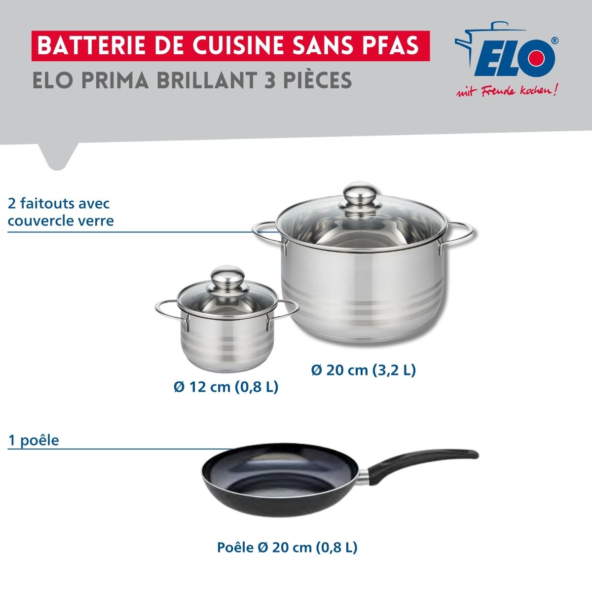 Ensemble de 1 Poêle de cuisson 20 cm et 2 faitouts 12 et 20 cm  Prima Brillant Elo - Mathon - 2