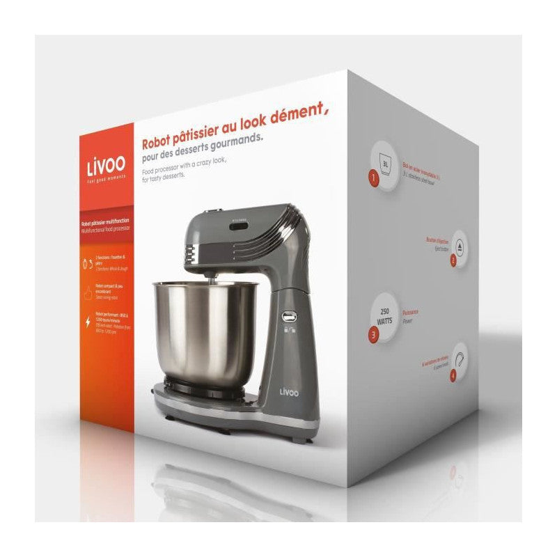 Livoo Dop137g - Robot Patissier Multifonction - Bol Acier Inoxydable 3l - 6 Vitesses - Fouet Metallique Et Crochet - Gris Livoo - Mathon - 6