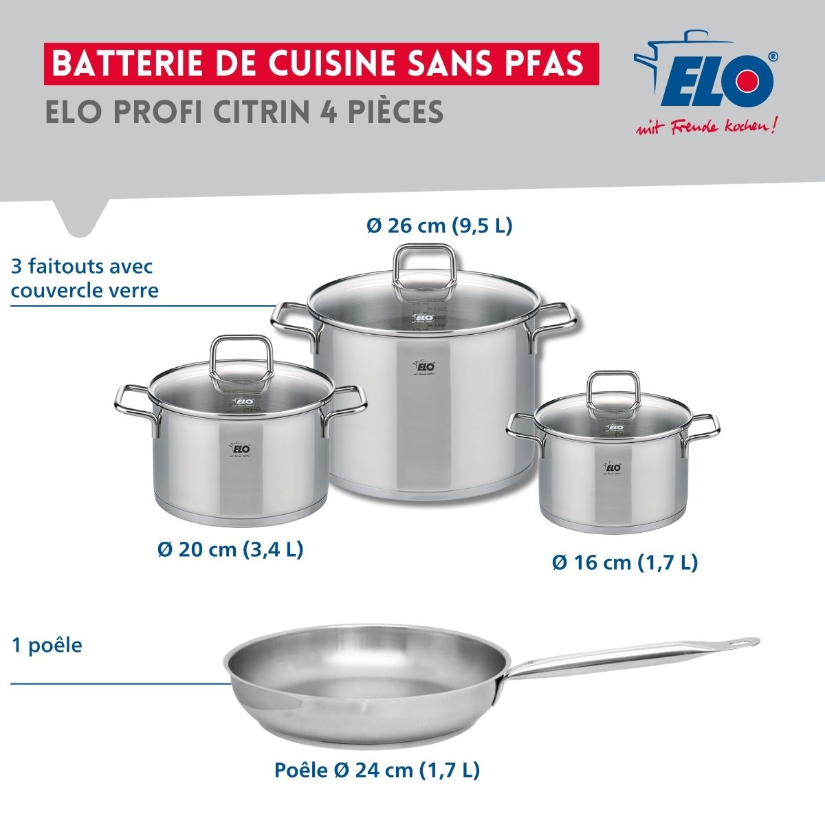 Ensemble de 1 Poêle de cuisson 24 cm et 3 faitouts 16, 20 et 26 cm  Profi Citrin Elo - Mathon - 2