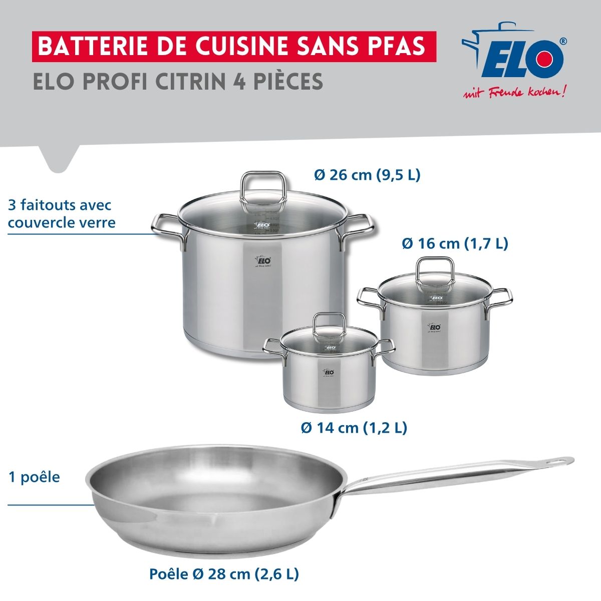Ensemble de 1 Poêle de cuisson 28 cm et 3 faitouts 14, 16 et 26 cm  Profi Citrin Elo - Mathon - 2