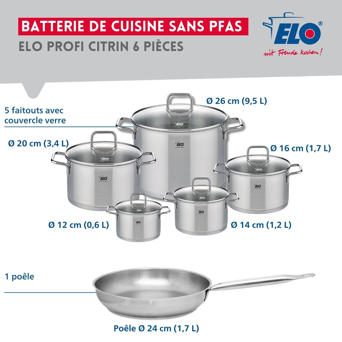 Ensemble de 1 Poêle de cuisson 24 cm et 5 faitouts 12, 14, 16, 20 et 26 cm  Profi Citrin Elo - Mathon - 2