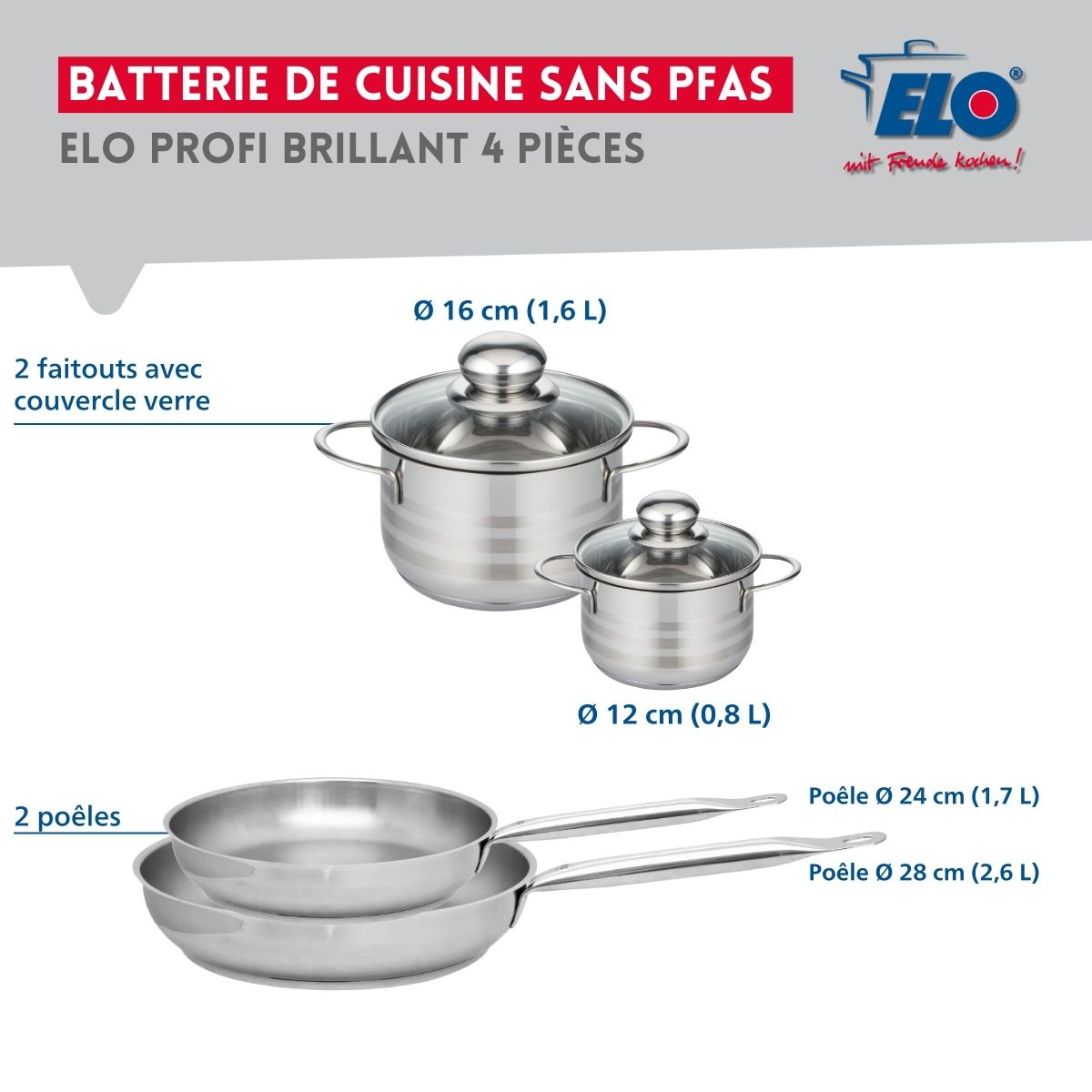 Ensemble de 2 Poêles de cuisson 24 et 28 cm et 2 faitouts 12 et 16 cm  Profi Brillant Elo - Mathon - 2