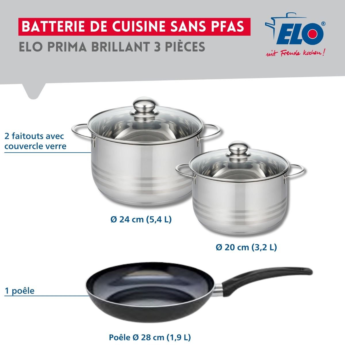 Ensemble de 1 Poêle de cuisson 28 cm et 2 faitouts 20 et 24 cm  Prima Brillant Elo - Mathon - 2