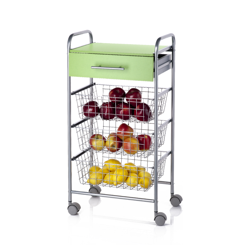 Desserte de cuisine alesia pistache – 3 paniers, tiroir et plateau d