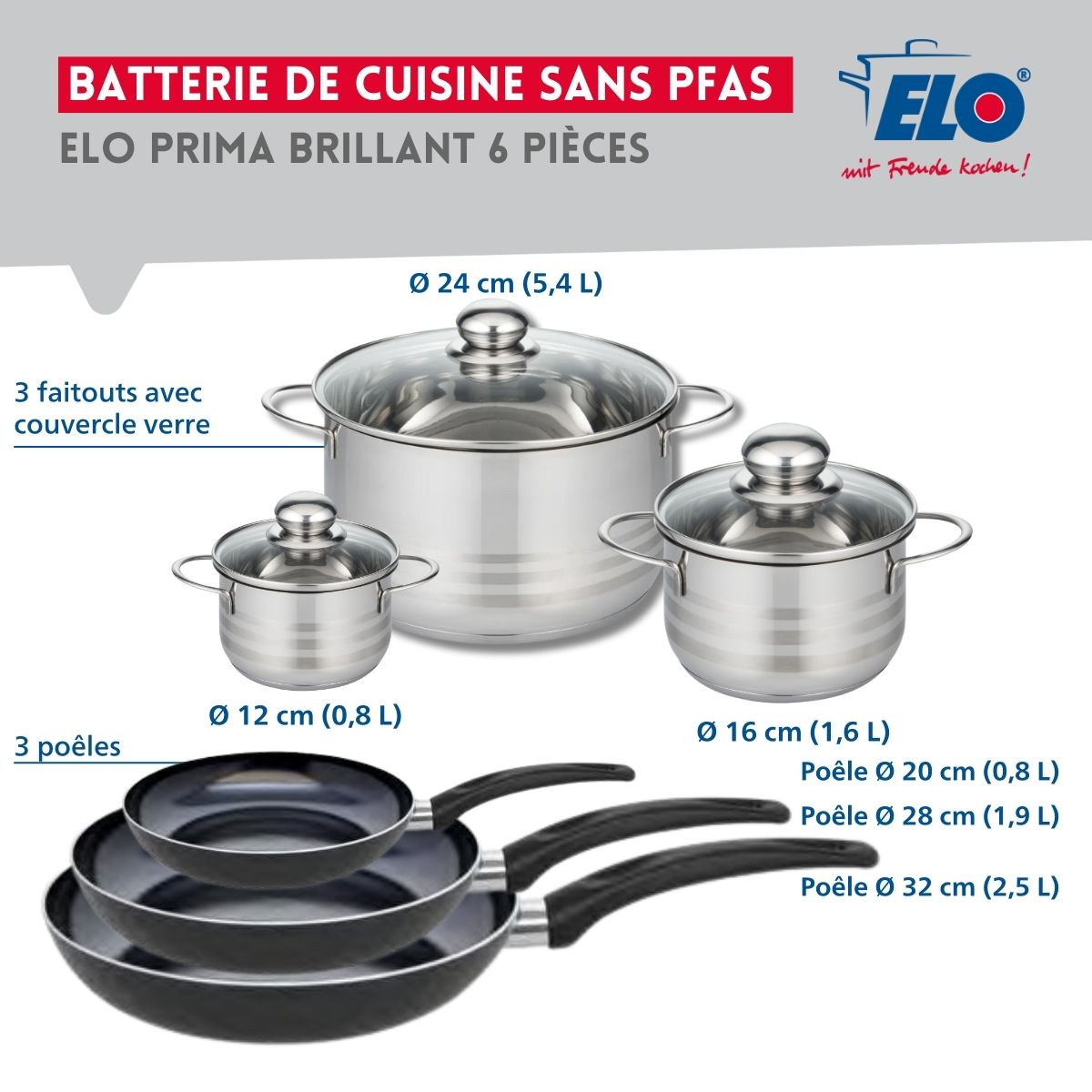 Ensemble de 3 Poêles de cuisson 20, 28 et 32 cm et 3 faitouts 12, 16 et 24 cm  Prima Brillant Elo - Mathon - 2
