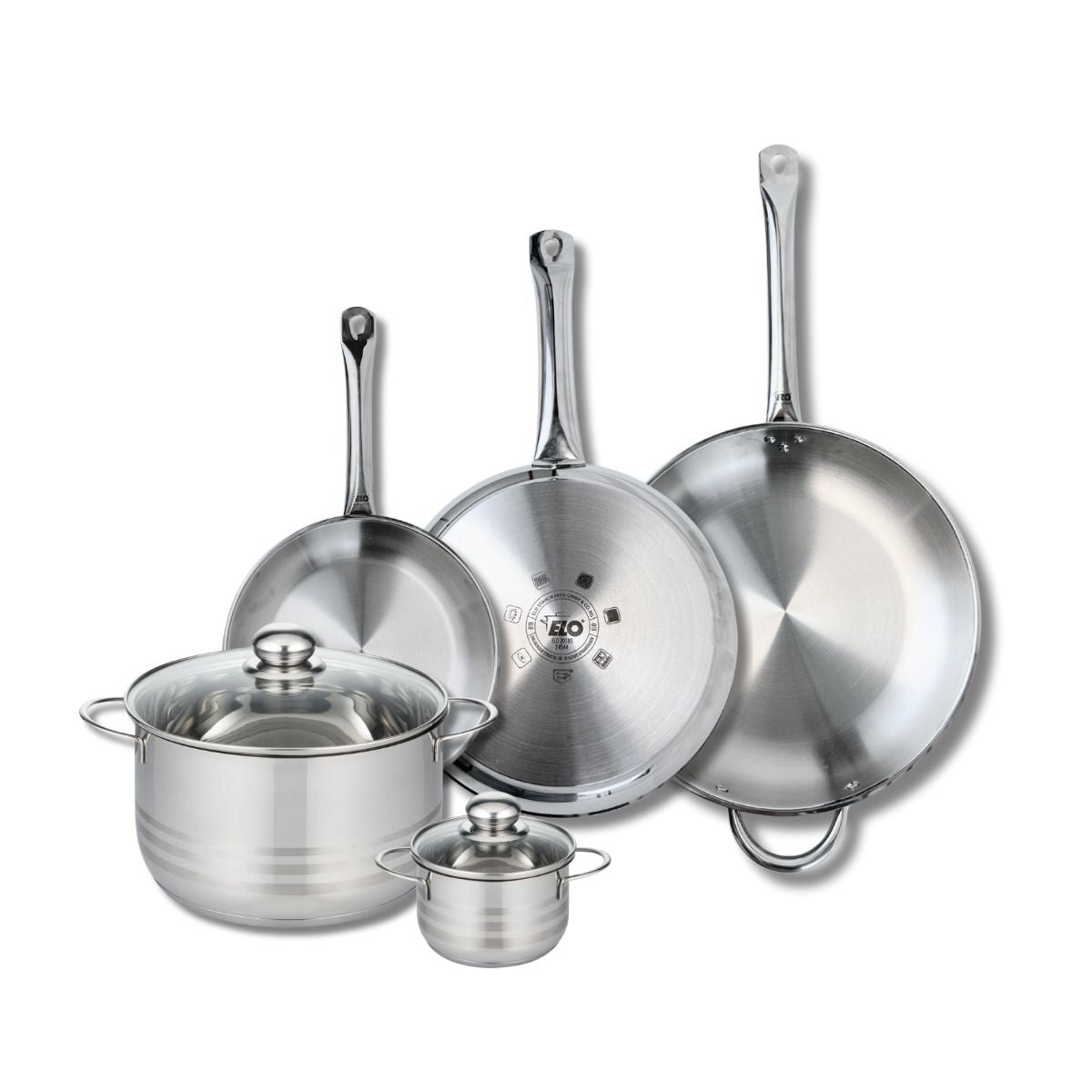 Ensemble de 3 Poêles de cuisson 24, 28 et 32 cm et 2 faitouts 12 et 24 cm  Profi Brillant Elo - Mathon - 1