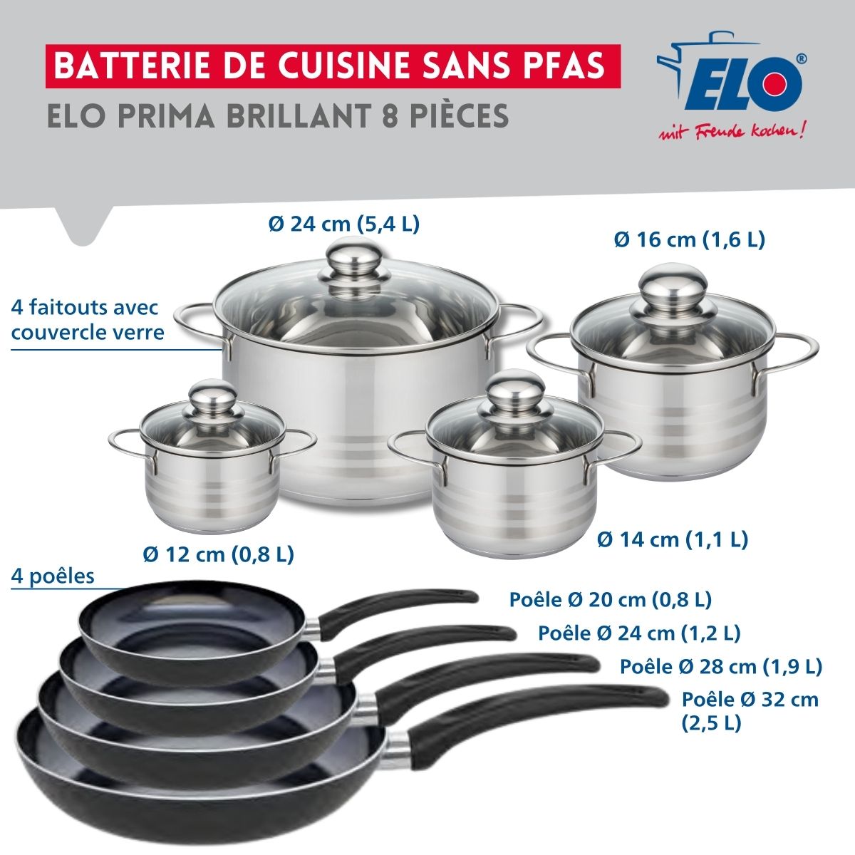 Ensemble de 4 Poêles de cuisson 20, 24, 28 et 32 cm et 4 faitouts 12, 14, 16 et 24 cm  Prima Brillant Elo - Mathon - 2