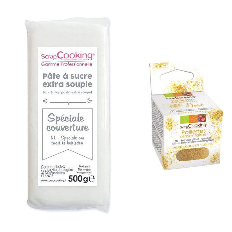 Pâte à sucre de couverture blanche 500 g + paillettes dorées Scrapcooking - Mathon