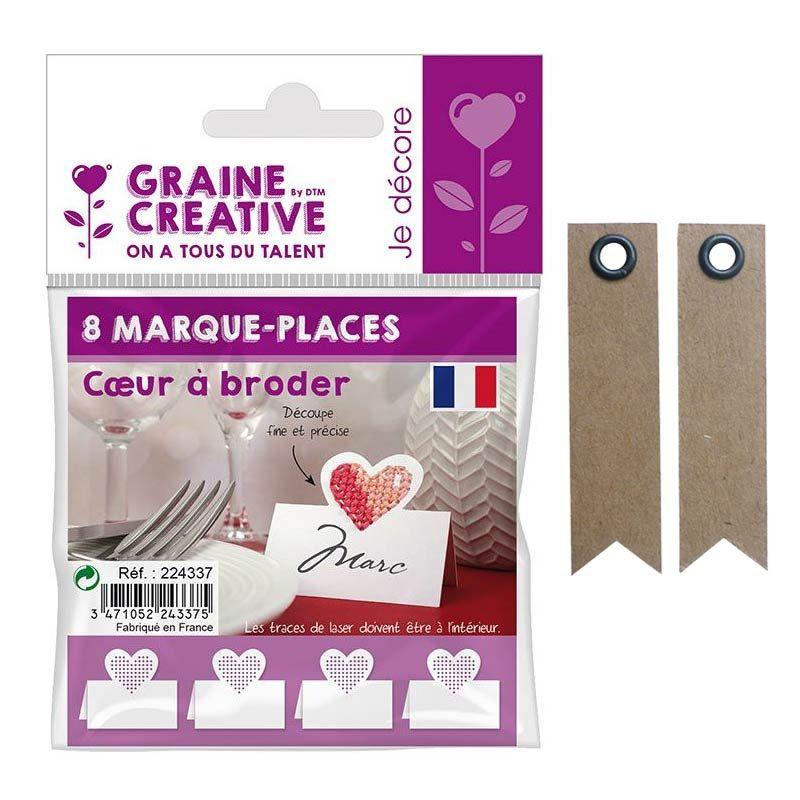 8 marque-places Coeur à broder + 20 étiquettes kraft Fanion Youdoit - Mathon