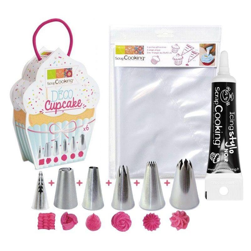 6 douilles et 6 poches à douilles jetables + Stylo glaçage noir Scrapcooking - Mathon