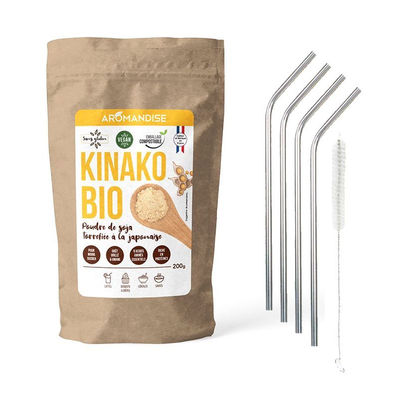 Poudre de soja torréfié bio Kinako 80 g + 4 pailles en inox Youdoit - Mathon