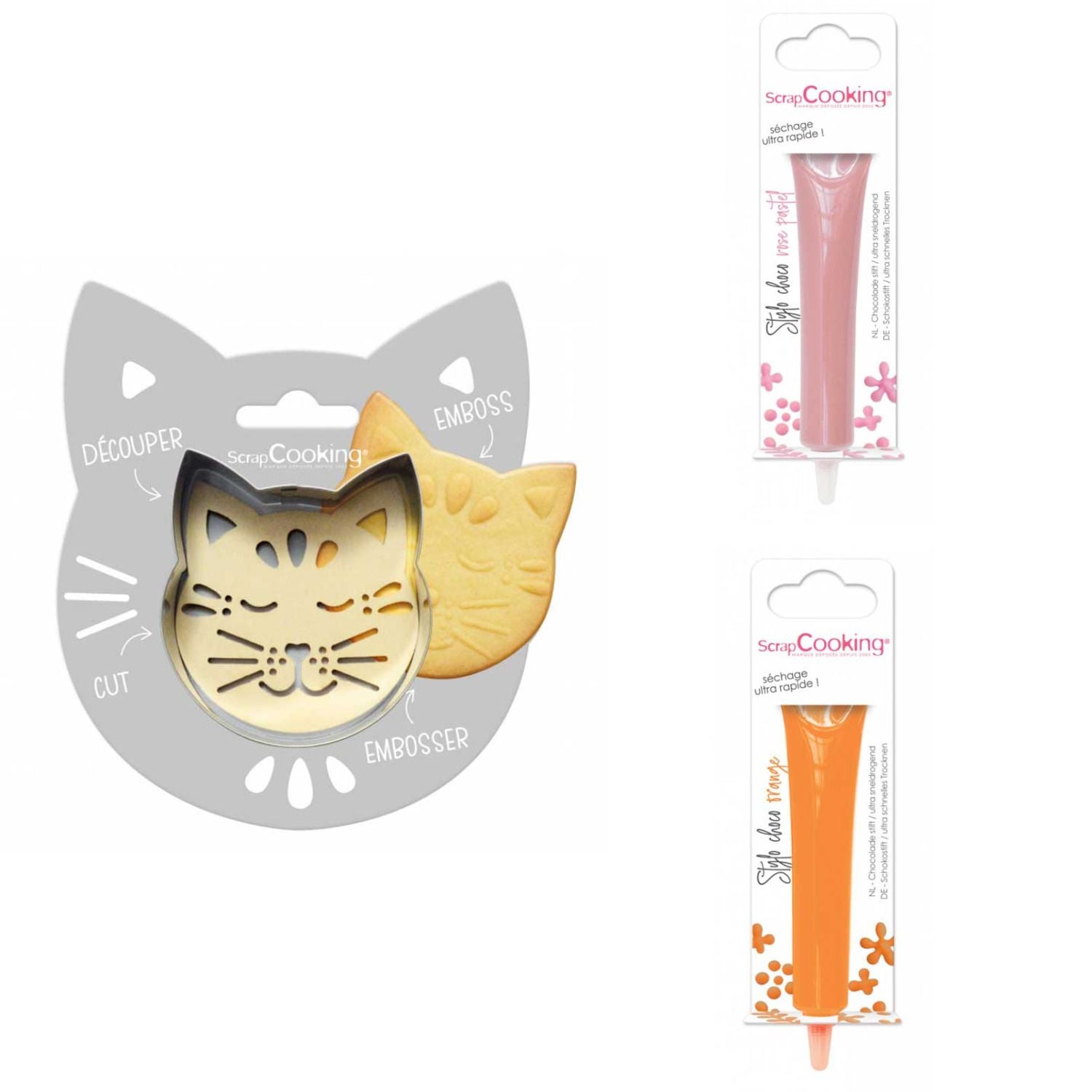 Kit pour biscuit en relief Chat + 2 Stylos au chocolat rose pastel et orange Scrapcooking - Mathon