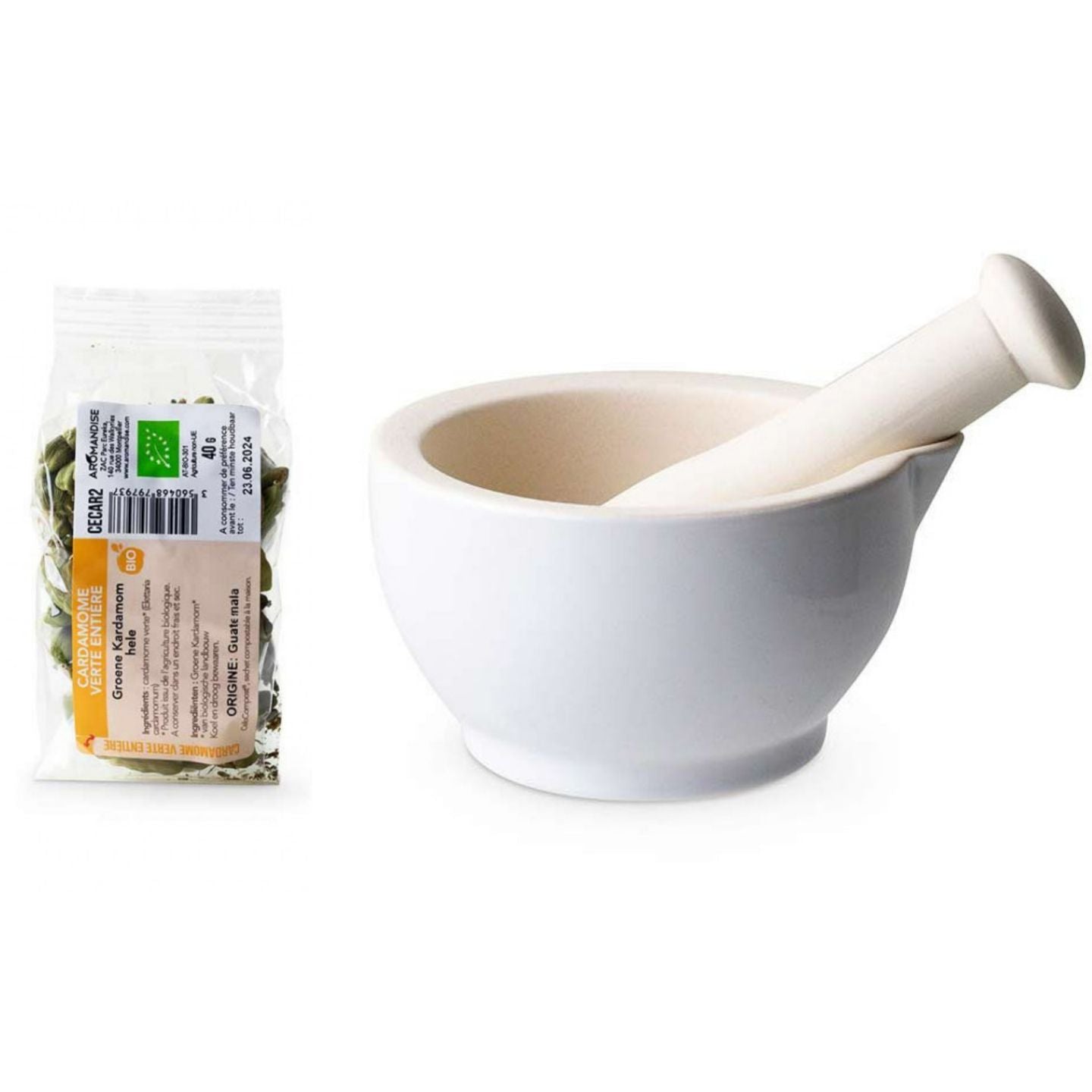 Mortier et pilon en grès blanc + Cardamome verte entière bio - 40 g Aromandise - Mathon