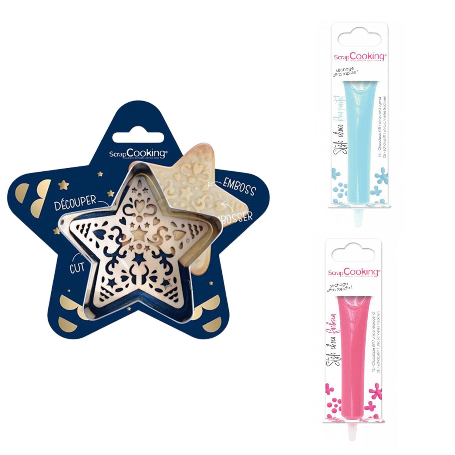 Kit pour biscuit en relief Étoile + 2 Stylos au chocolat bleu pastel et fuchsia Scrapcooking - Mathon