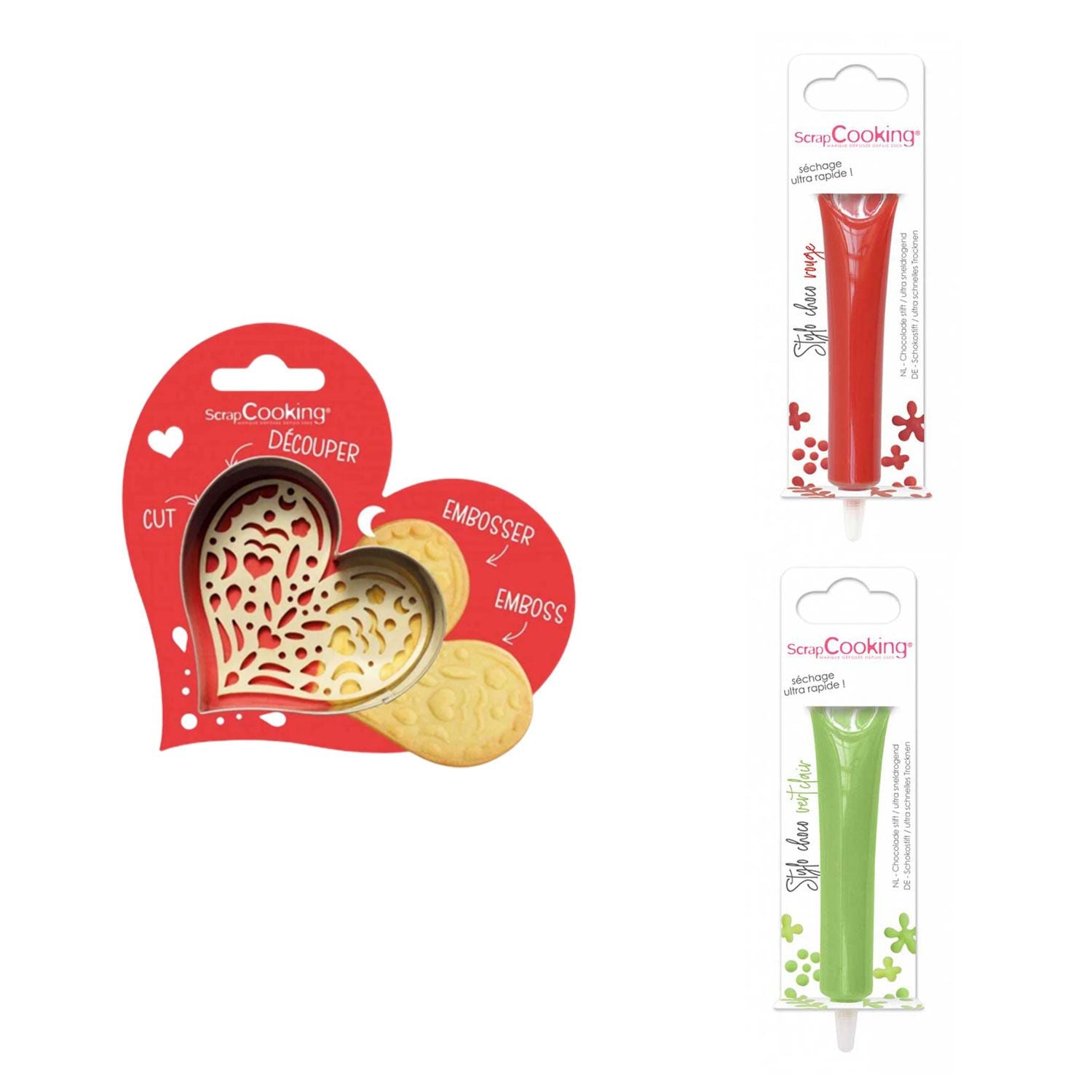 Kit pour biscuit en relief Coeur + 2 Stylos au chocolat rouge et vert clair Scrapcooking - Mathon