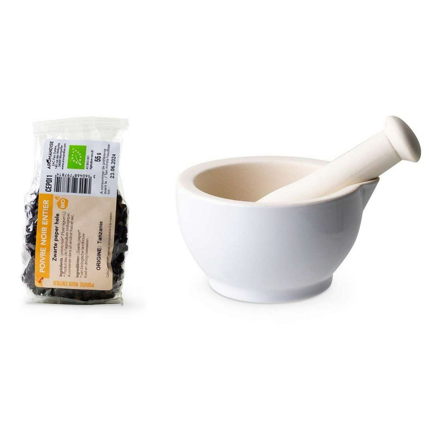 Mortier et pilon en grès blanc + Poivre noir bio entier - 55 g Aromandise - Mathon