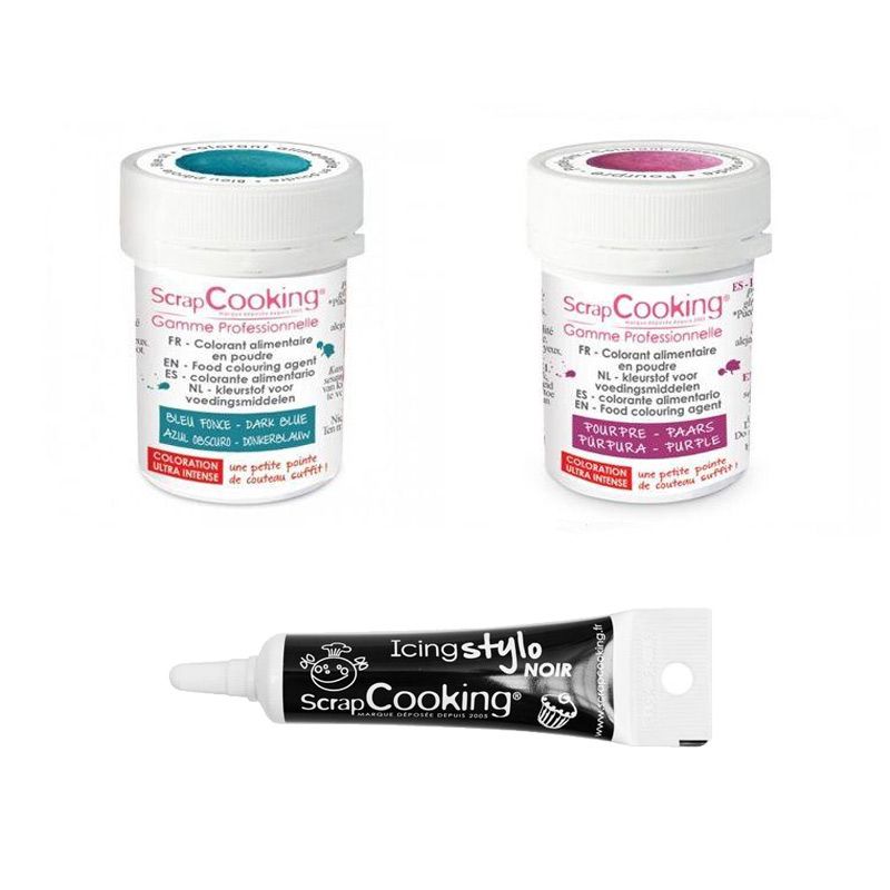 2 colorants alimentaires pourpre-bleu foncé + Stylo glaçage noir Scrapcooking - Mathon