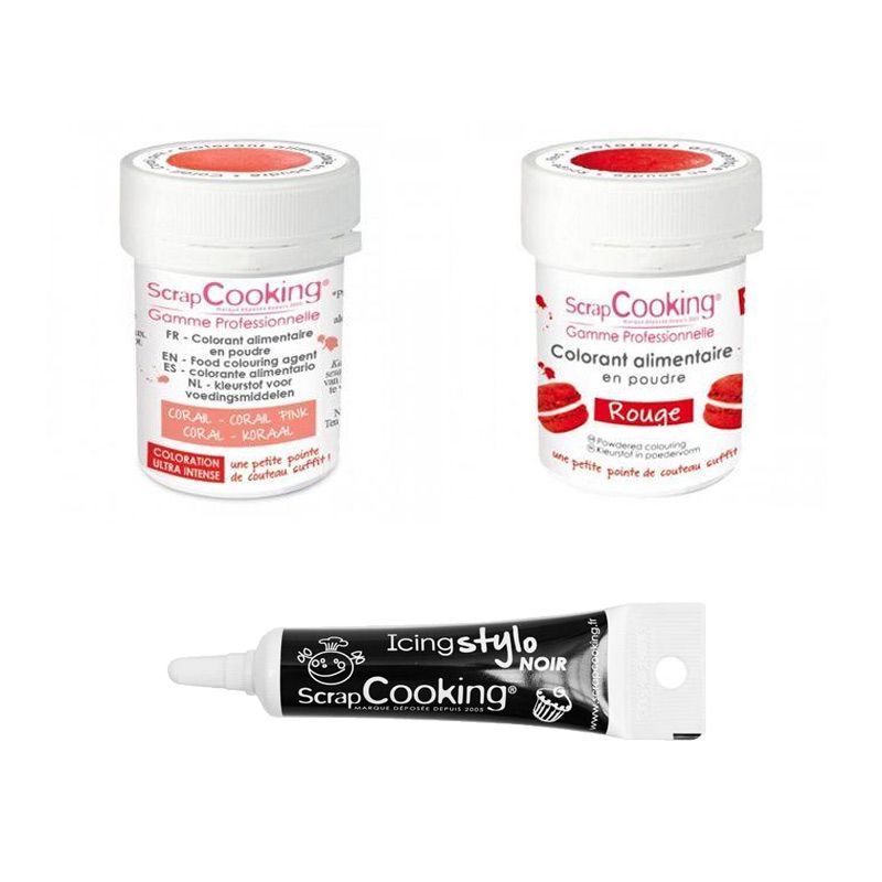 2 colorants alimentaires corail-rouge + Stylo glaçage noir Scrapcooking - Mathon