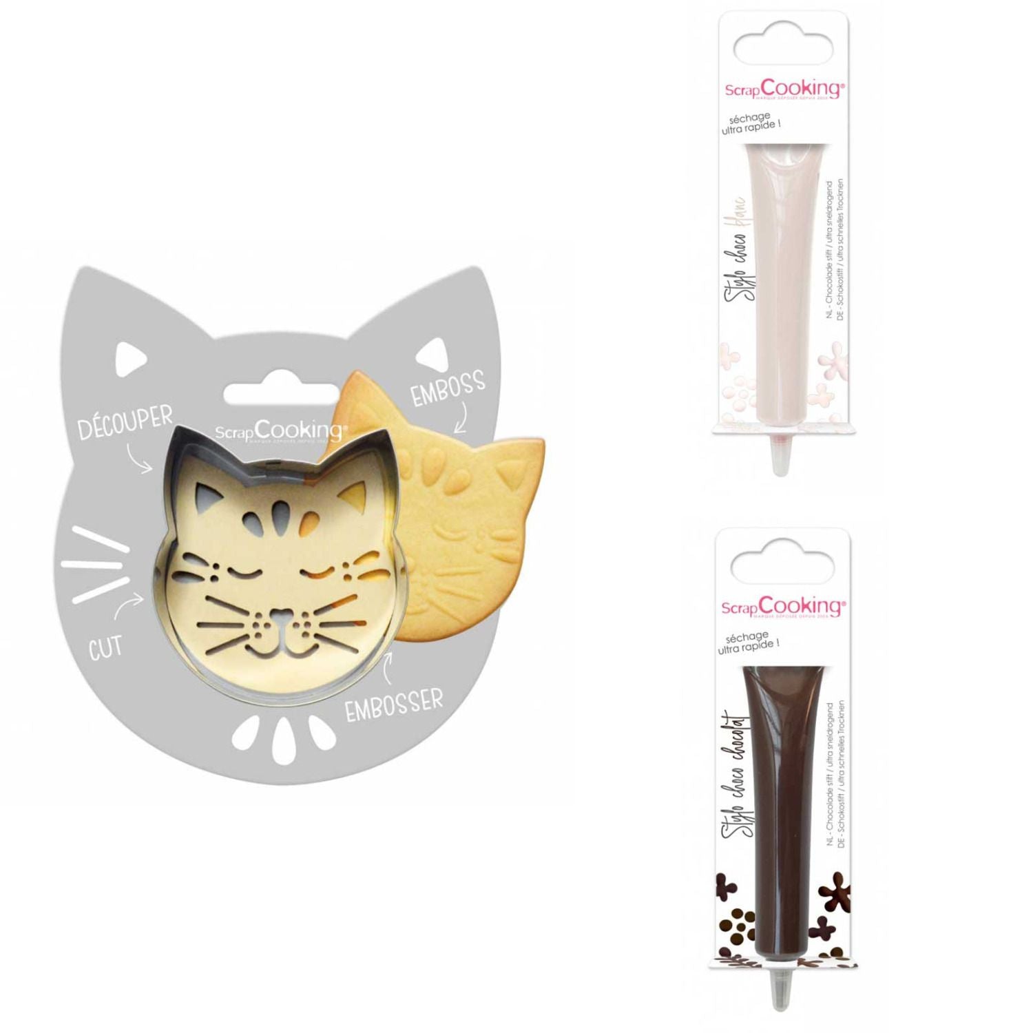 Kit pour biscuit en relief Chat + 2 Stylos au chocolat blanc et marron Scrapcooking - Mathon