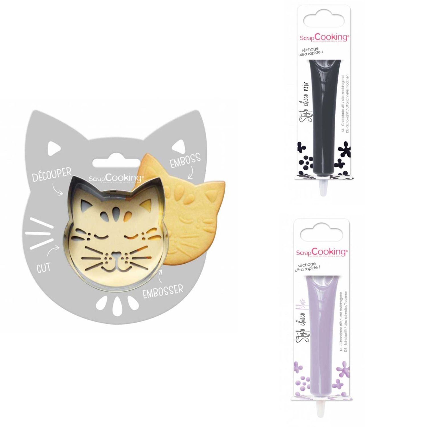 Kit pour biscuit en relief Chat + 2 Stylos au chocolat noir et lilas Scrapcooking - Mathon