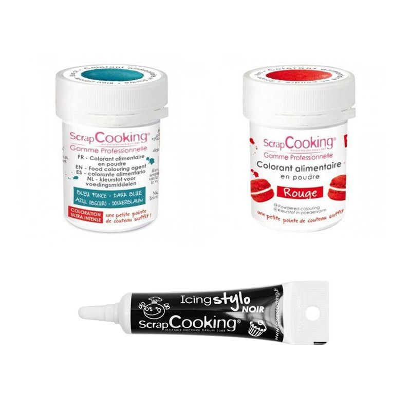 2 colorants alimentaires rouge-bleu foncé + Stylo glaçage noir Scrapcooking - Mathon