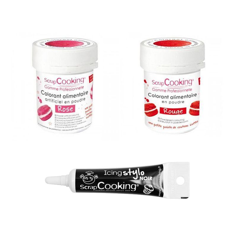 2 colorants alimentaires rouge-rose + Stylo glaçage noir Scrapcooking - Mathon