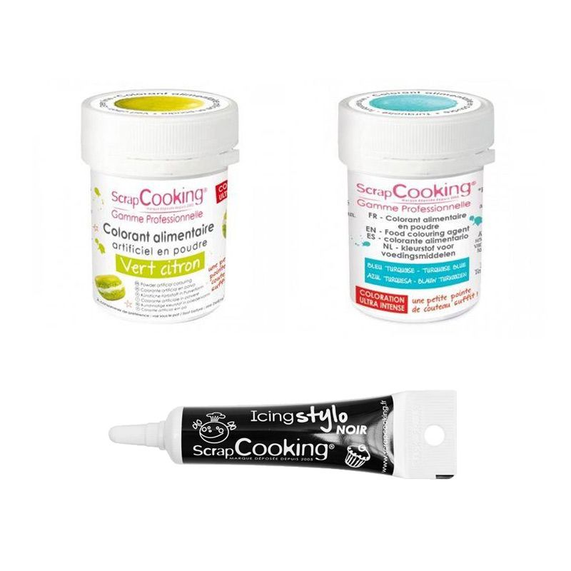 2 colorants alimentaires turquoise-vert citron + Stylo glaçage noir Scrapcooking - Mathon