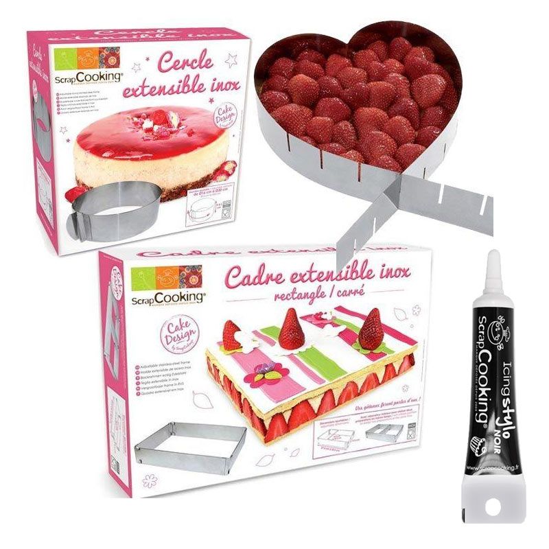 3 cadres pâtisserie extensibles coeur, cercle & rectangle + stylo glaçage noir Youdoit - Mathon