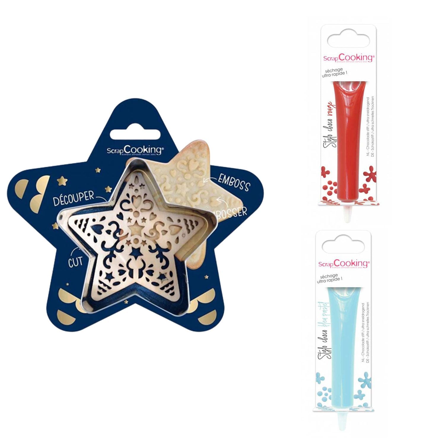 Kit pour biscuit en relief Étoile + 2 Stylos au chocolat rouge et bleu pastel Scrapcooking - Mathon