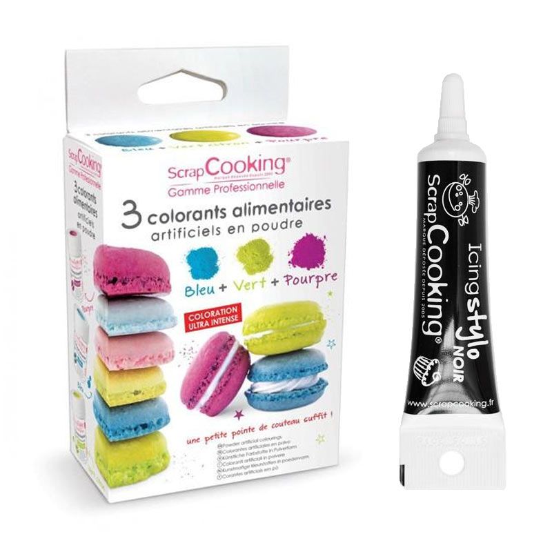 3 colorants alimentaires bleu, vert, pourpre + Stylo de glaçage noir Scrapcooking - Mathon