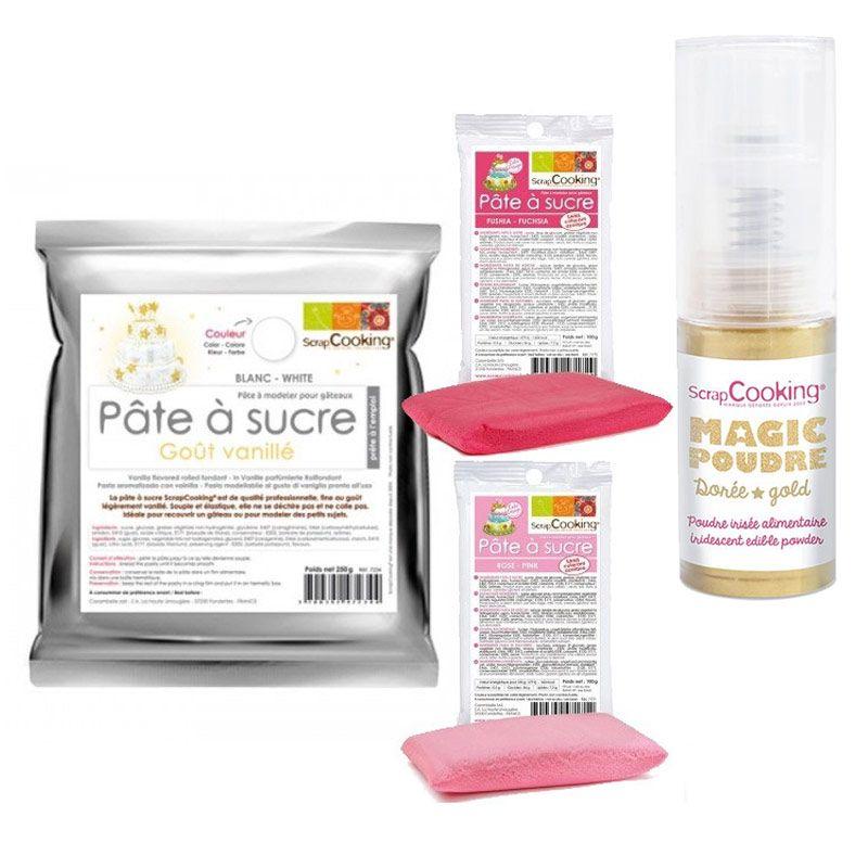 Kit pâte à sucre naissance fille + 1 poudre alimentaire irisée dorée Scrapcooking - Mathon
