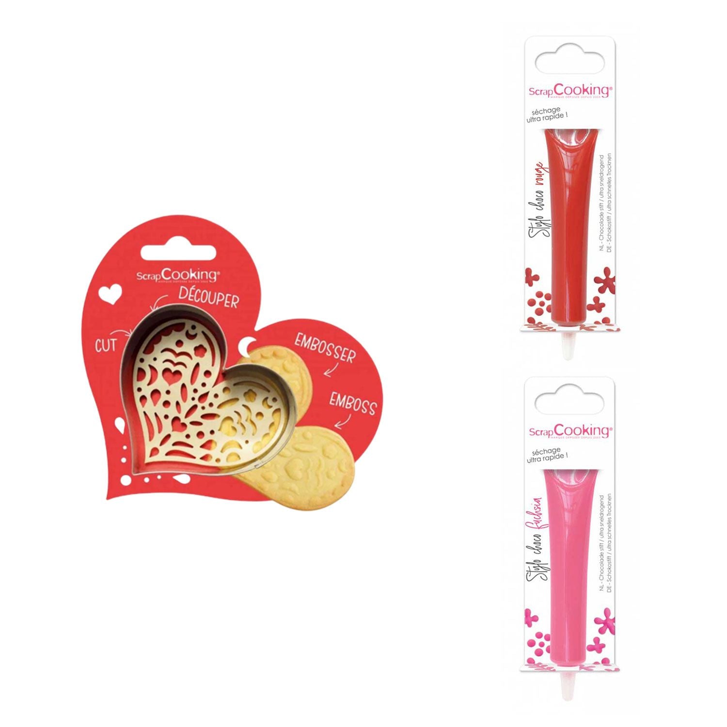 Kit pour biscuit en relief Coeur + 2 Stylos au chocolat rouge et fuchsia Scrapcooking - Mathon