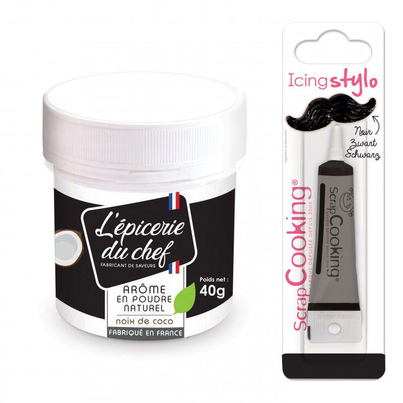 Arôme alimentaire naturel en poudre de Noix de coco 40 g + Stylo glaçage noir Scrapcooking - Mathon