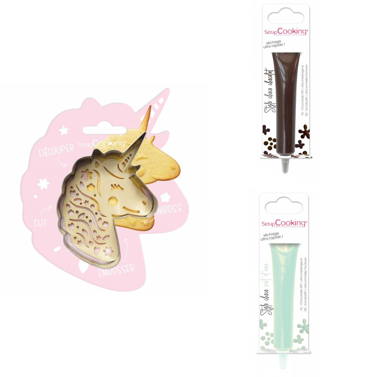 Kit pour biscuit en relief Licorne + 2 Stylos au chocolat marron et vert d