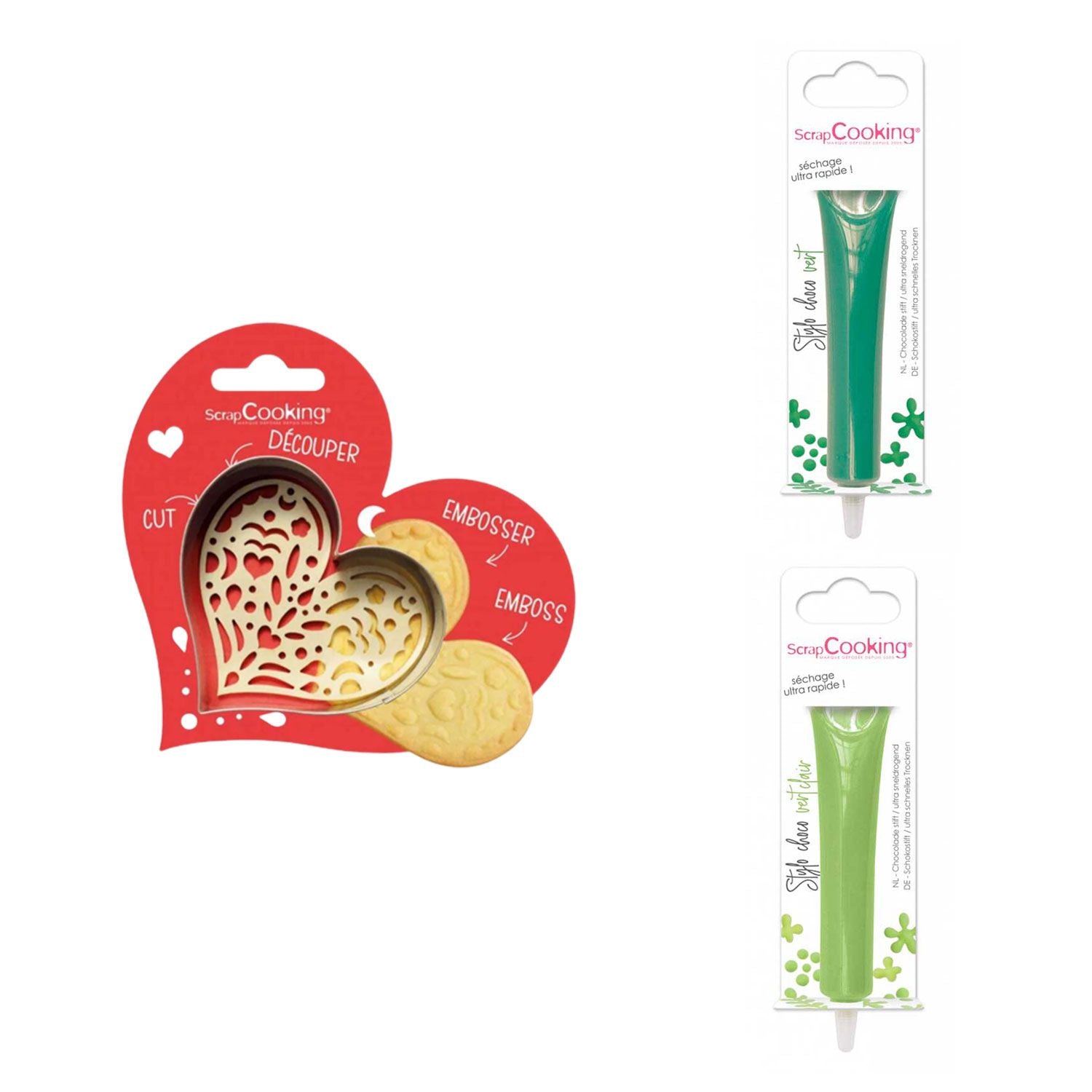 Kit pour biscuit en relief Coeur + 2 Stylos au chocolat vert et vert clair Scrapcooking - Mathon