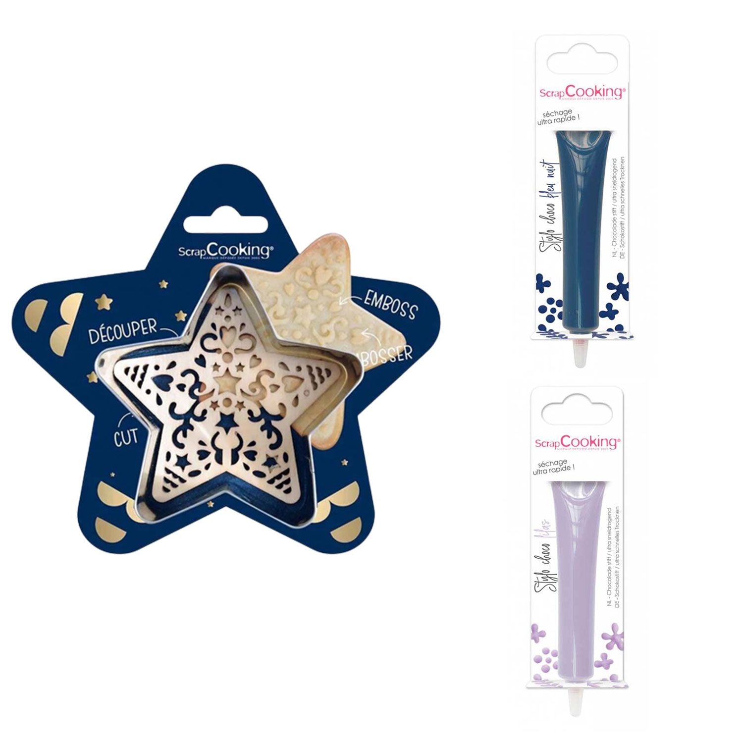 Kit pour biscuit en relief Étoile + 2 Stylos au chocolat bleu nuit et lilas Scrapcooking - Mathon