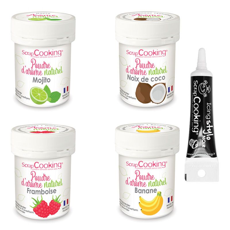 4 arômes alimentaires naturels en poudre Cocktail + Stylo de glaçage noir Scrapcooking - Mathon