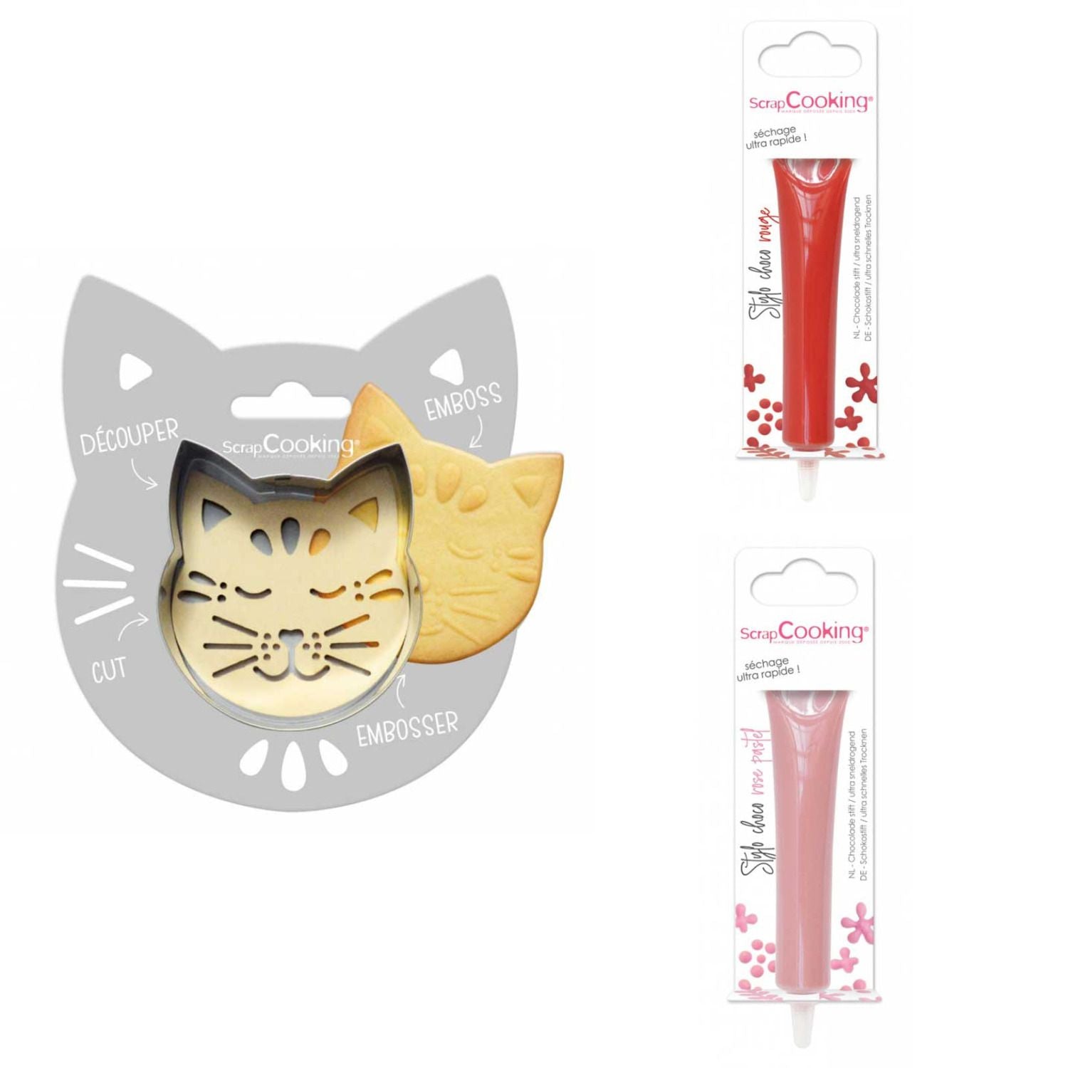 Kit pour biscuit en relief Chat + 2 Stylos au chocolat rouge et rose pastel Scrapcooking - Mathon