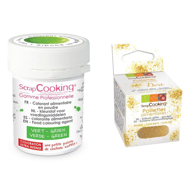 Colorant alimentaire en poudre vert + paillettes dorées Scrapcooking - Mathon