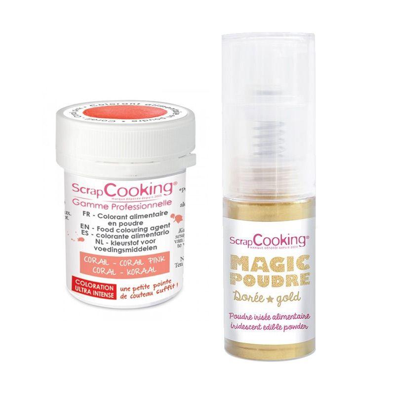 Colorant alimentaire en poudre corail + Poudre alimentaire irisée dorée Scrapcooking - Mathon