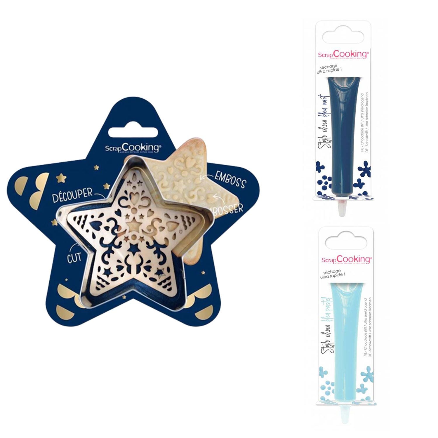 Kit pour biscuit en relief Étoile + 2 Stylos au chocolat bleu nuit et bleu pastel Scrapcooking - Mathon