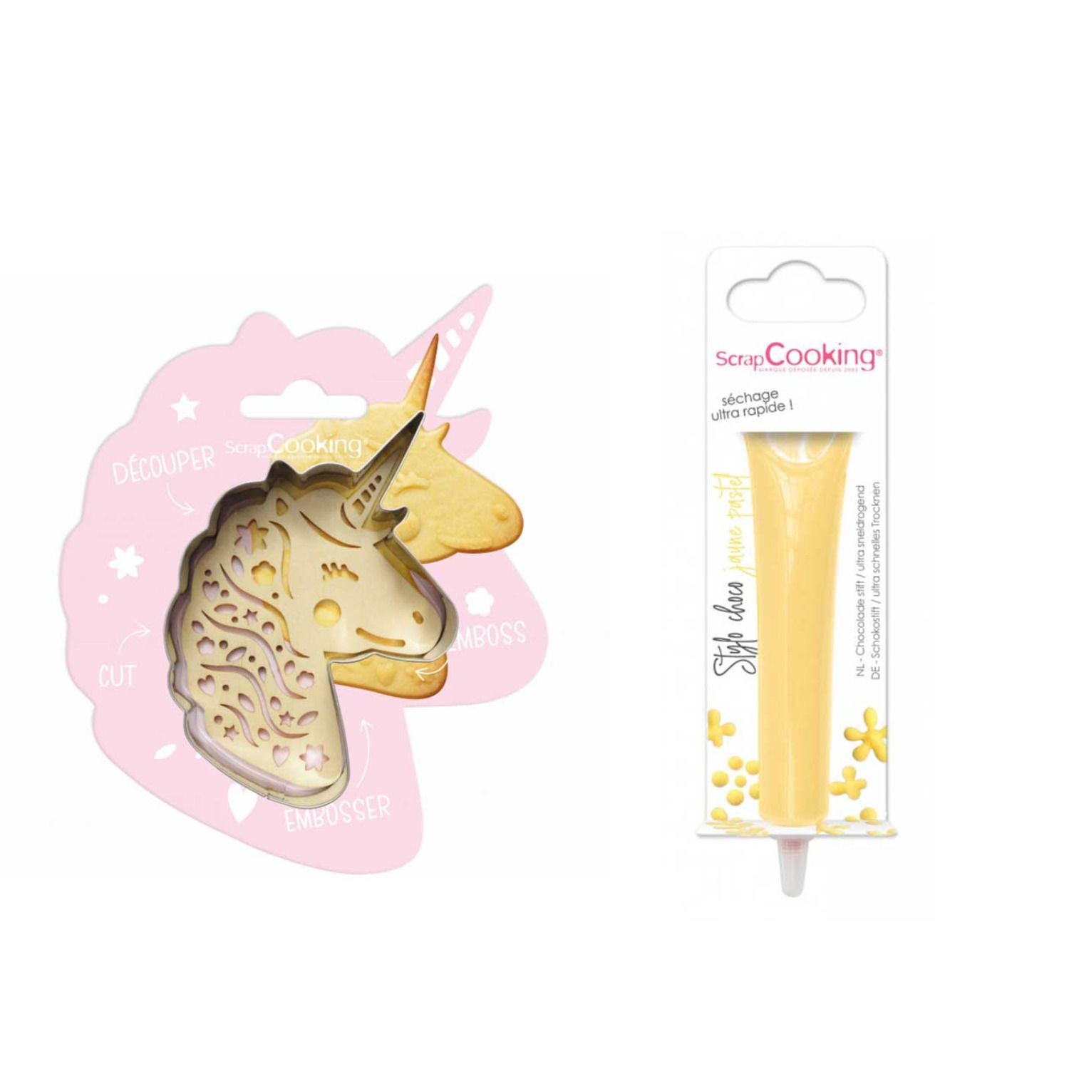 Kit pour biscuit en relief Licorne + Stylo au chocolat jaune pastel Scrapcooking - Mathon