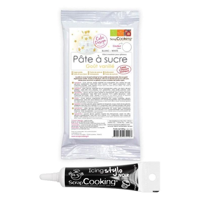 Pâte à sucre blanche 250 g + Stylo de glaçage noir Scrapcooking - Mathon
