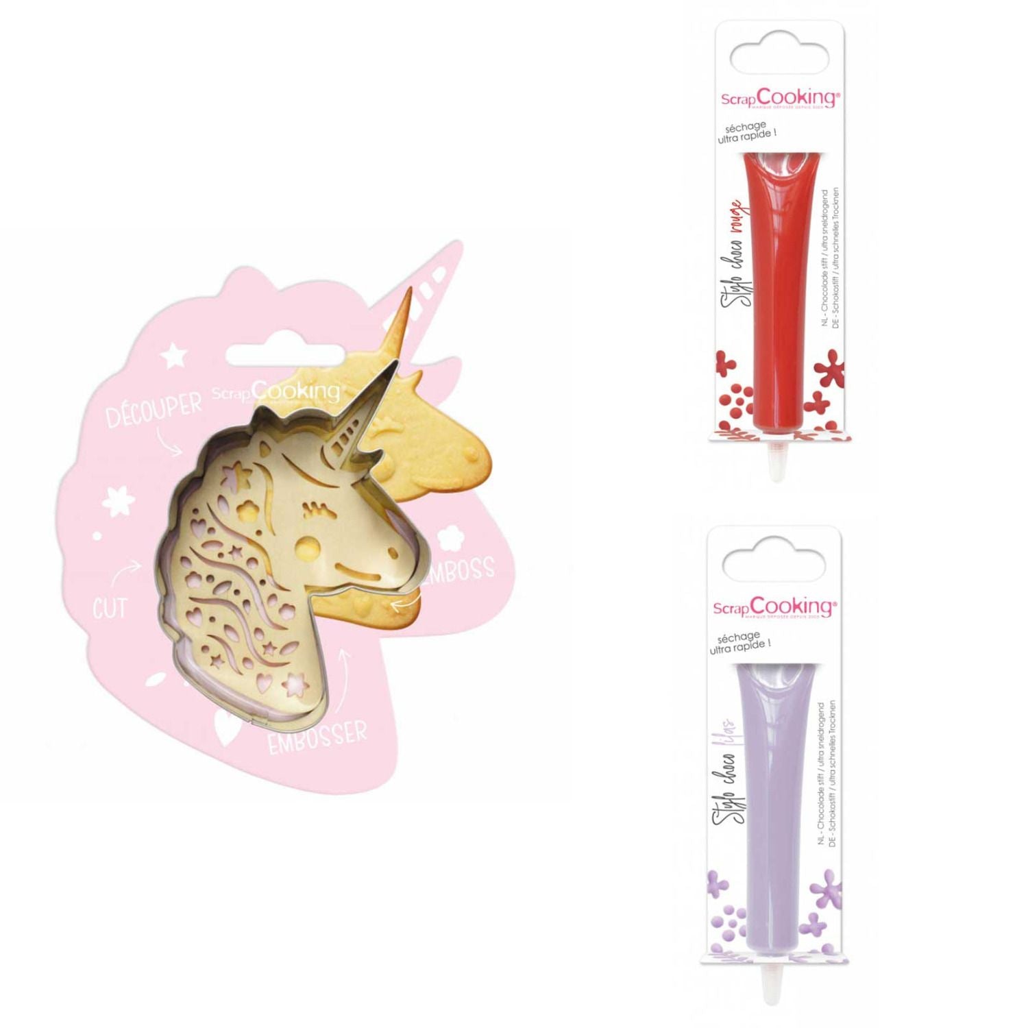 Kit pour biscuit en relief Licorne + 2 Stylos au chocolat rouge et lilas Scrapcooking - Mathon