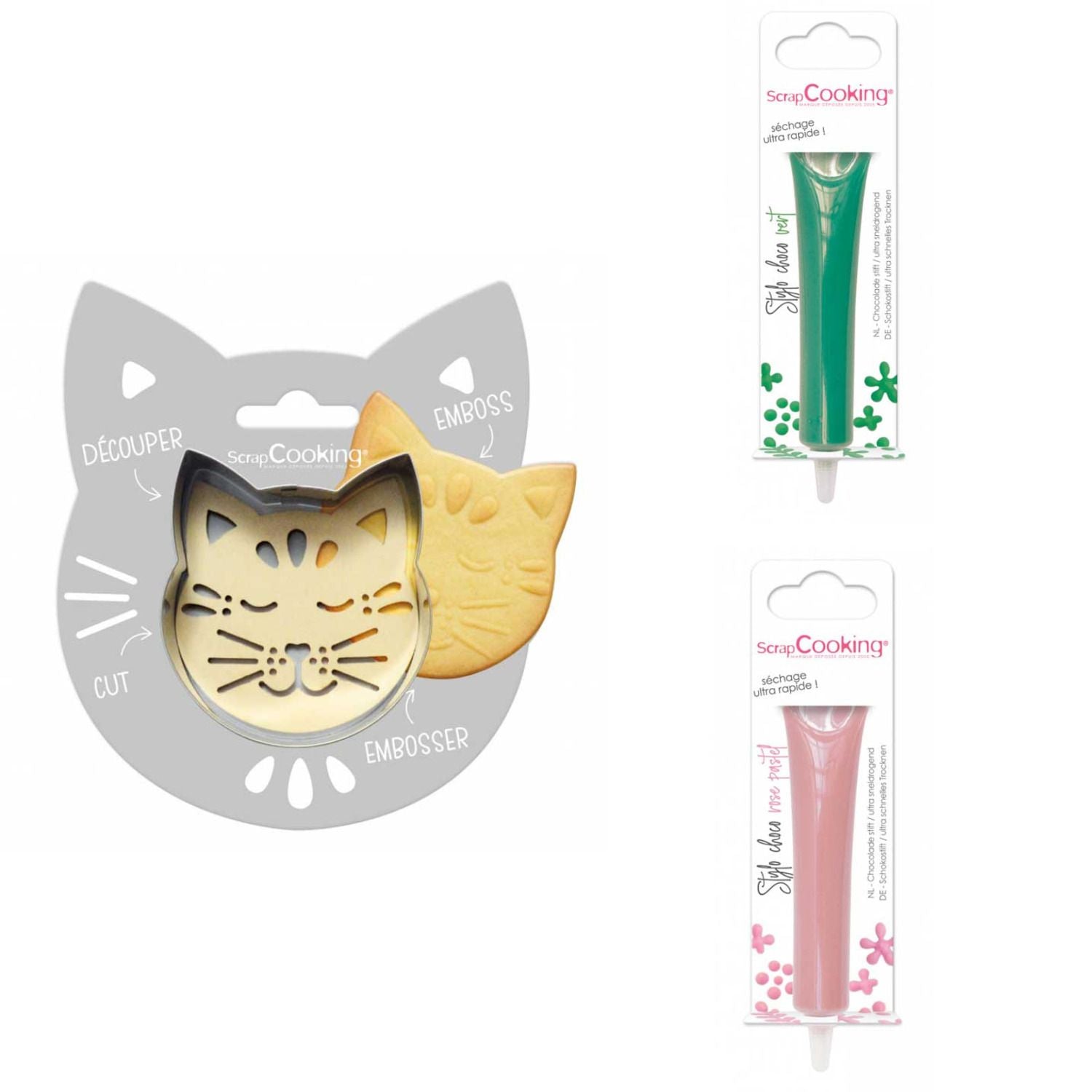 Kit pour biscuit en relief Chat + 2 Stylos au chocolat vert et rose pastel Scrapcooking - Mathon